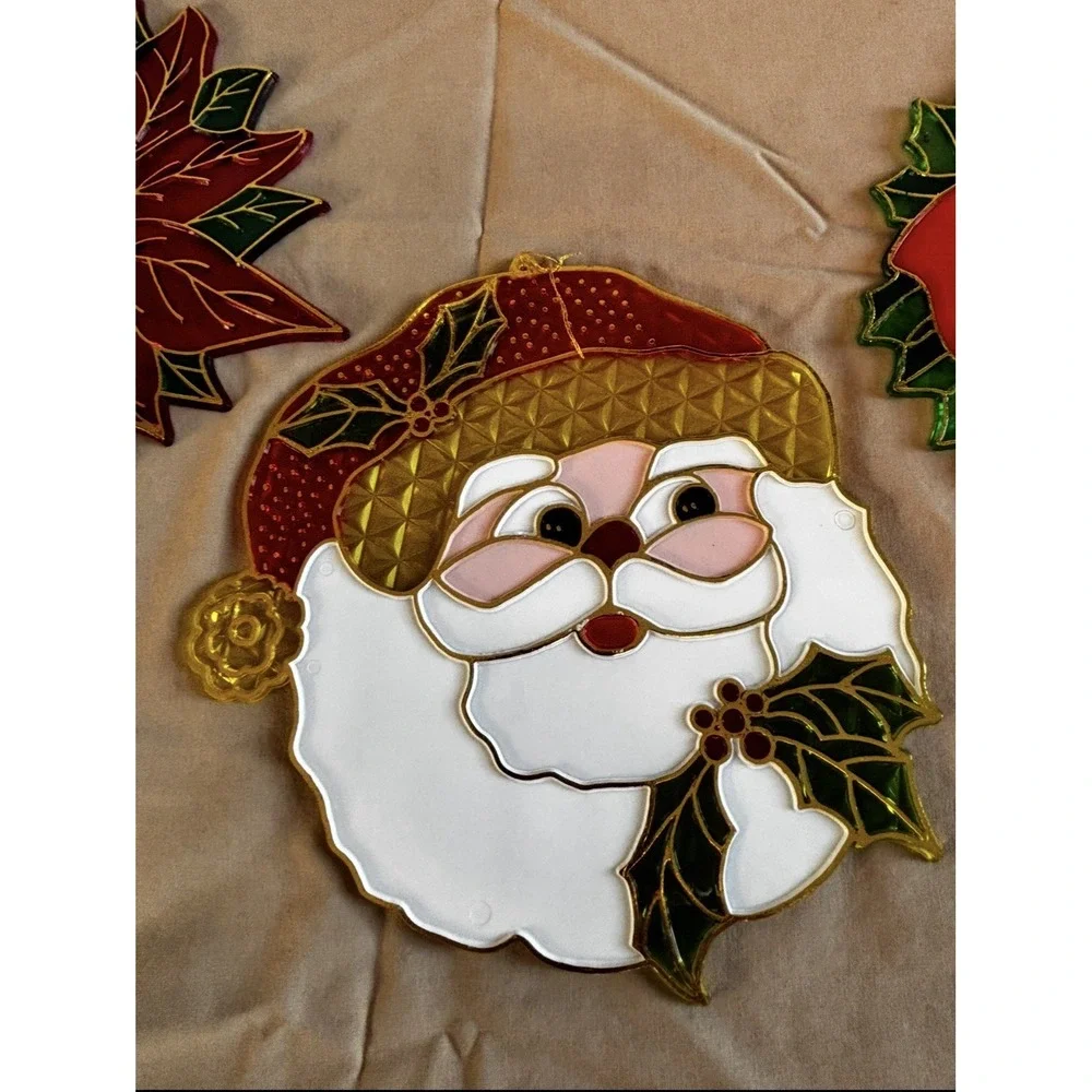 Vintage Plastic Christmas Suncatchers Stain Glass Window Decor Lot Of 3 W/Hooks